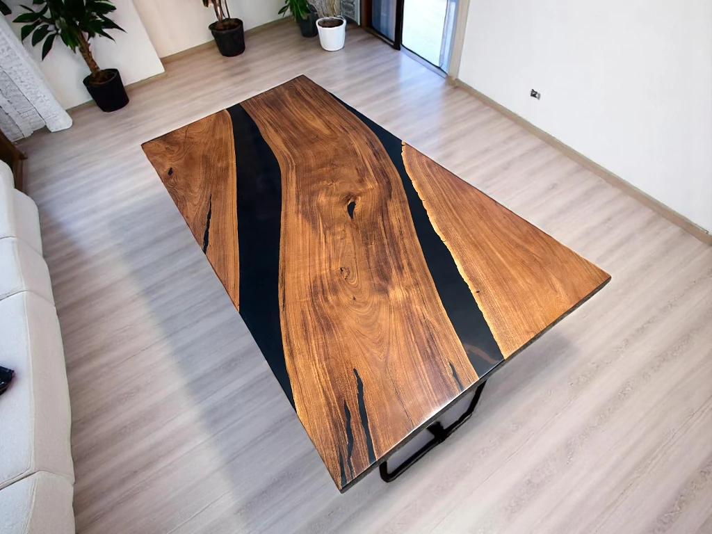 Handcrafted Large Wooden Coffee Table with Black Epoxy Resin